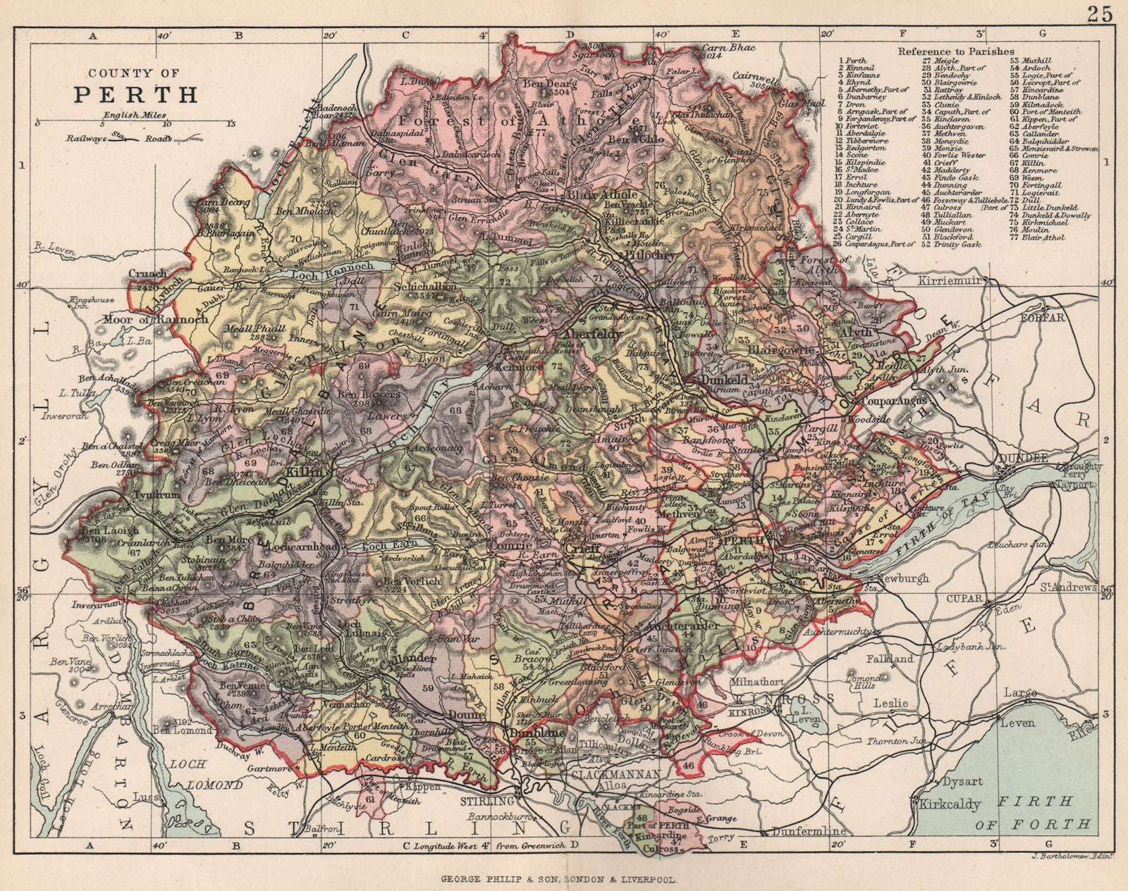 'County of Perth'. Perthshire. Parishes. BARTHOLOMEW 1891 old antique map